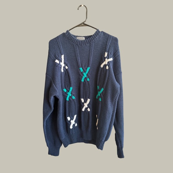 Lord and Taylor Other - The Kensington Collection Hand Knit Cotton Sweater Navy Blue Teal Geometric L